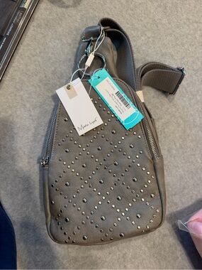 Moda Luxe Women's Boho Chic Festival Edgy Regina Studded Sling Backpack Gray NWT